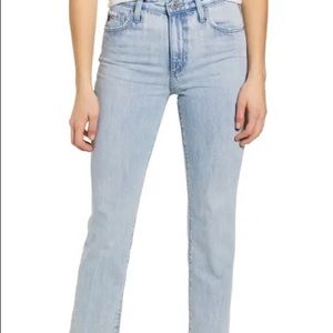 The Isabelle from AG. High waist, straight leg distressed ankle. Size 30.